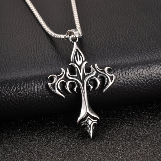 Kemstone Stainless Steel Flame Cross Pendant Necklace for Men Gothic Silver PN-2390
