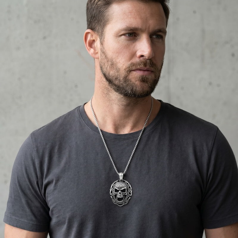 Kemstone Stainless Steel Flame Skull Pendant Necklace for Men Medallion KP118157-KJX