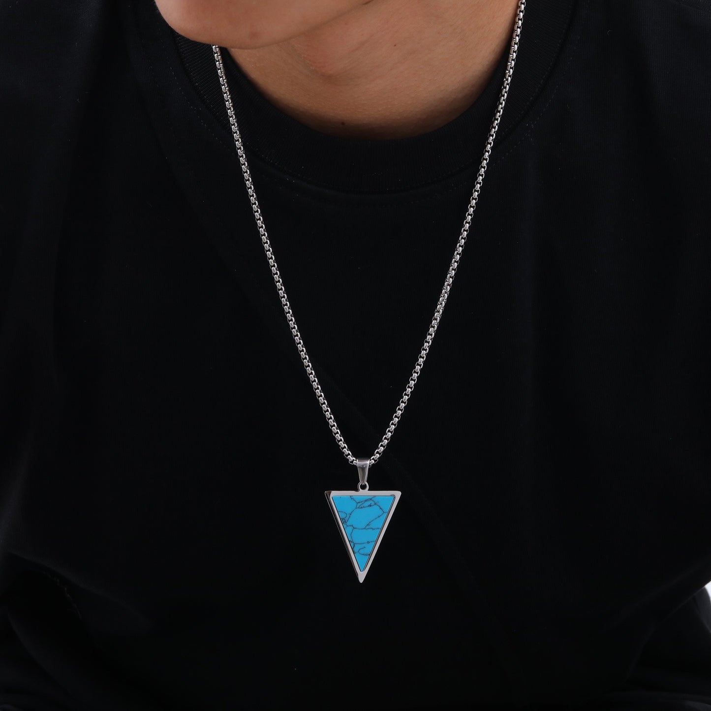 Kemstone Stainless Steel Turquoise Triangle Pendant Necklace – Geometric Stone Charm for Men PN-2023