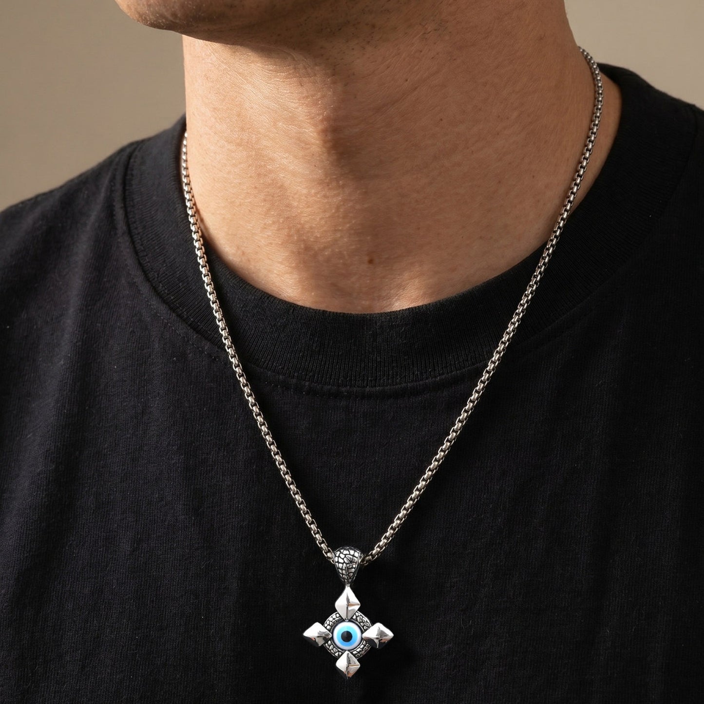 Kemstone Stainless Steel Gothic Cross Pendant Necklace for Men Blue Eye Detail PN-2412