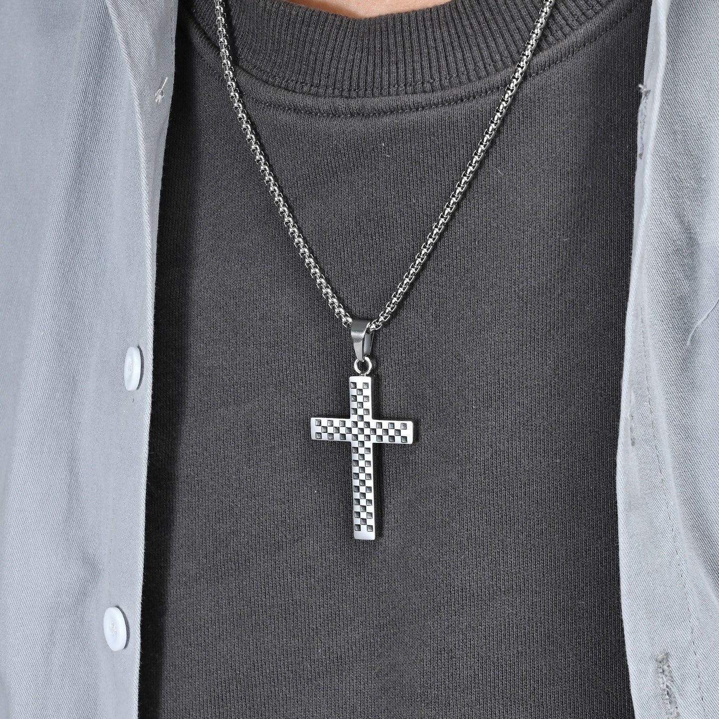 Kemstone Stainless Steel Checkered Cross Necklace for Men K-PT531