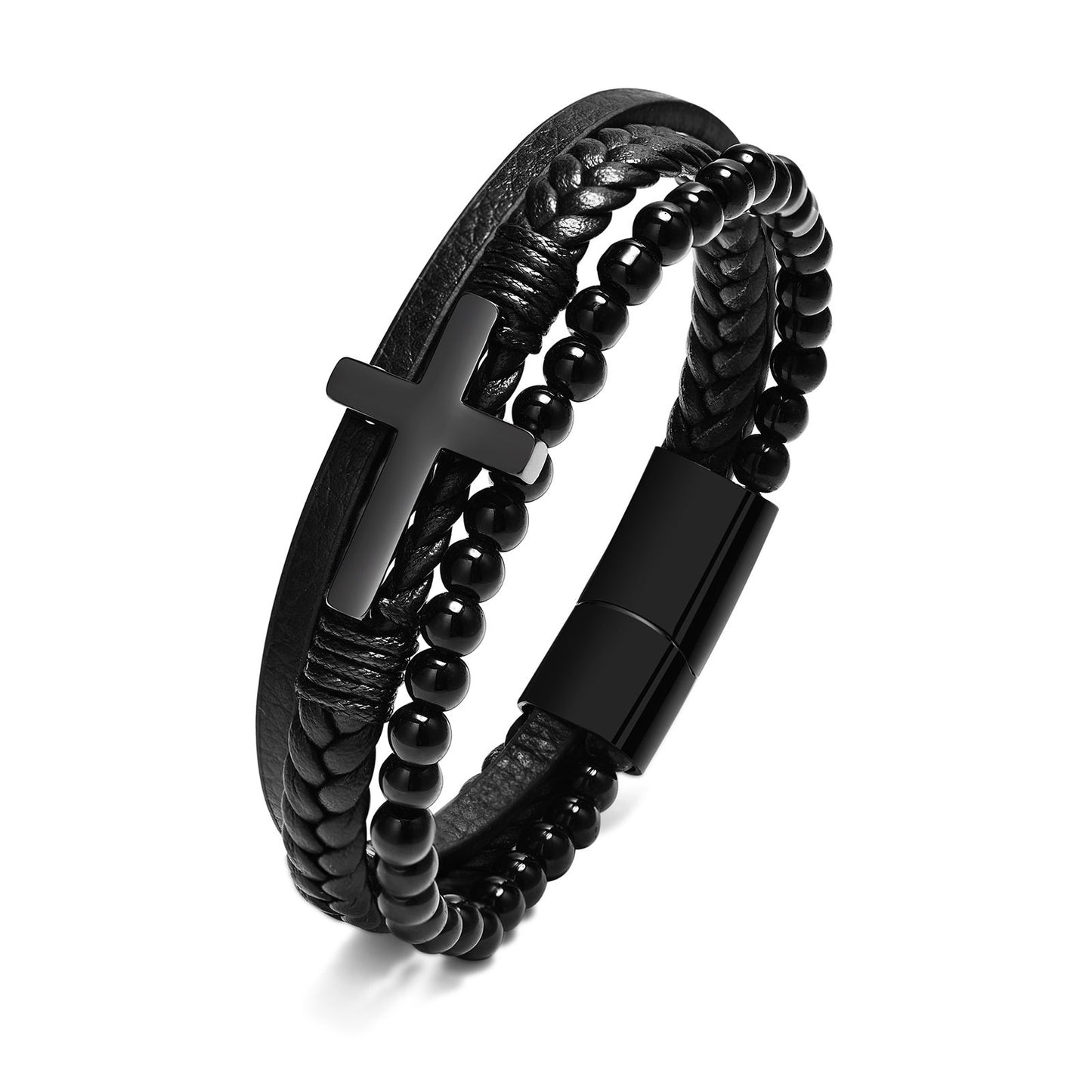 Kemstone Stainless Steel Cross Leather Bracelet for Men – Black Layered Beaded Style BL-641