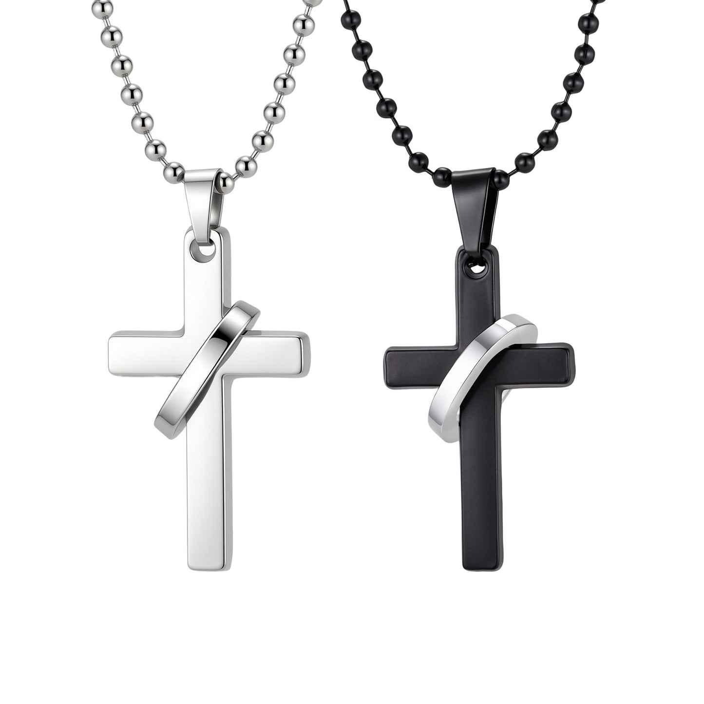 Kemstone Stainless Steel Cross Ring Pendant Necklace for Men Silver Black NC-3002