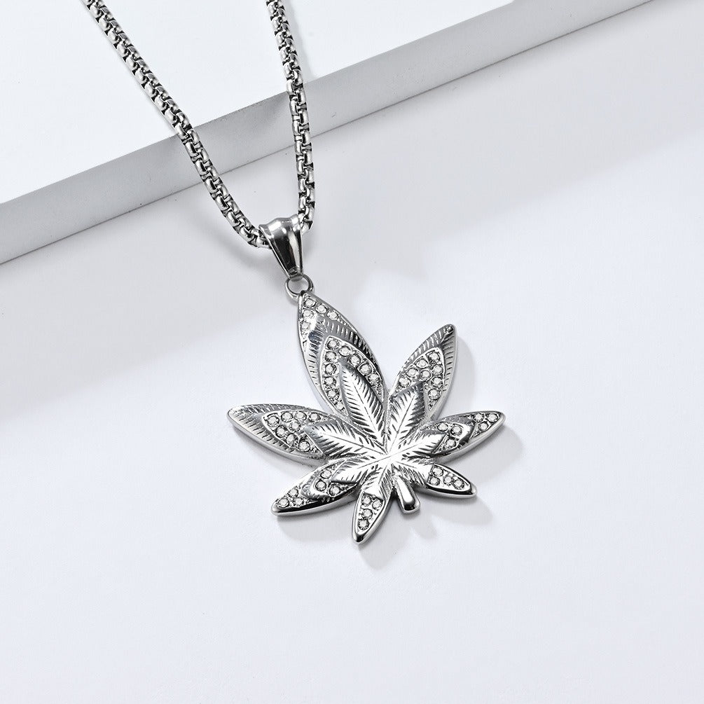 Kemstone Leaf Pendant Necklace Stainless Steel Cubic Zirconia for Men K-PT603