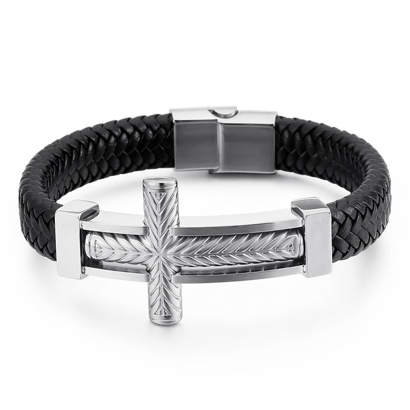 Kemstone Cross Leather Bracelet for Men Titanium Steel Braided Black Cord Design KB130233-KFC