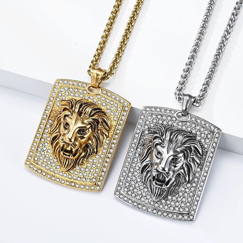 Kemstone Stainless Steel Lion Head Pendant Necklace for Men Iced Rhinestone Tag K-PT718