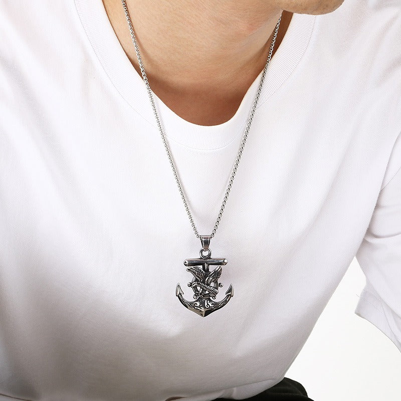Kemstone Anchor Pendant Necklace Titanium Steel Nautical Wheel Skull Cross Design for Men Silver KP117037-LU
