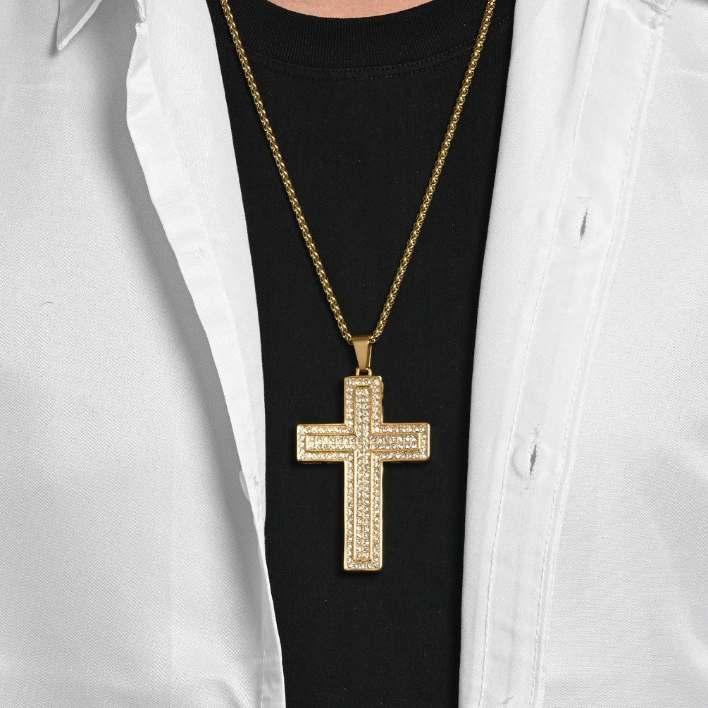 Kemstone Stainless Steel Iced Cross Pendant Necklace for Men Hip Hop Street Chain K-PT723