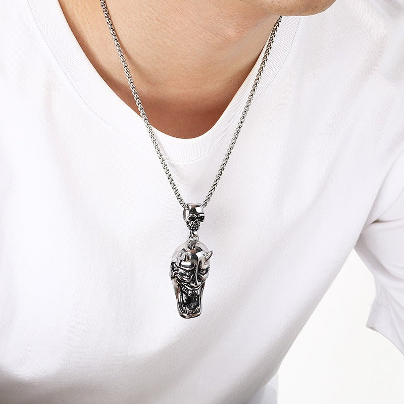 Kemstone Skull Pendant Necklace Titanium Steel Viking Helmet Design for Men Silver KP117049-LU