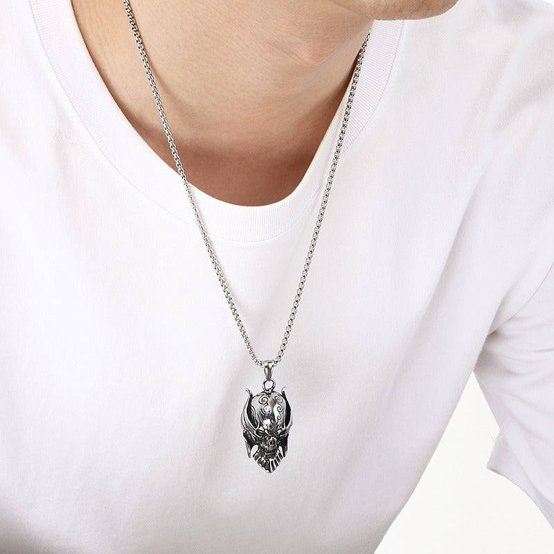 Kemstone Skull Pendant Necklace Titanium Steel Viking Helmet Design for Men Silver KP117049-LU