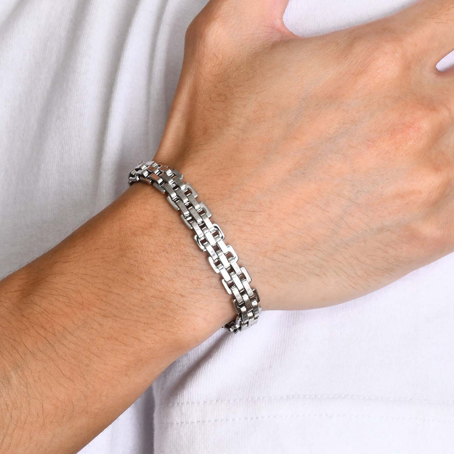 Kemstone Stainless Steel Woven Chain Bracelet for Men Silver Minimal Link Design BR-1555