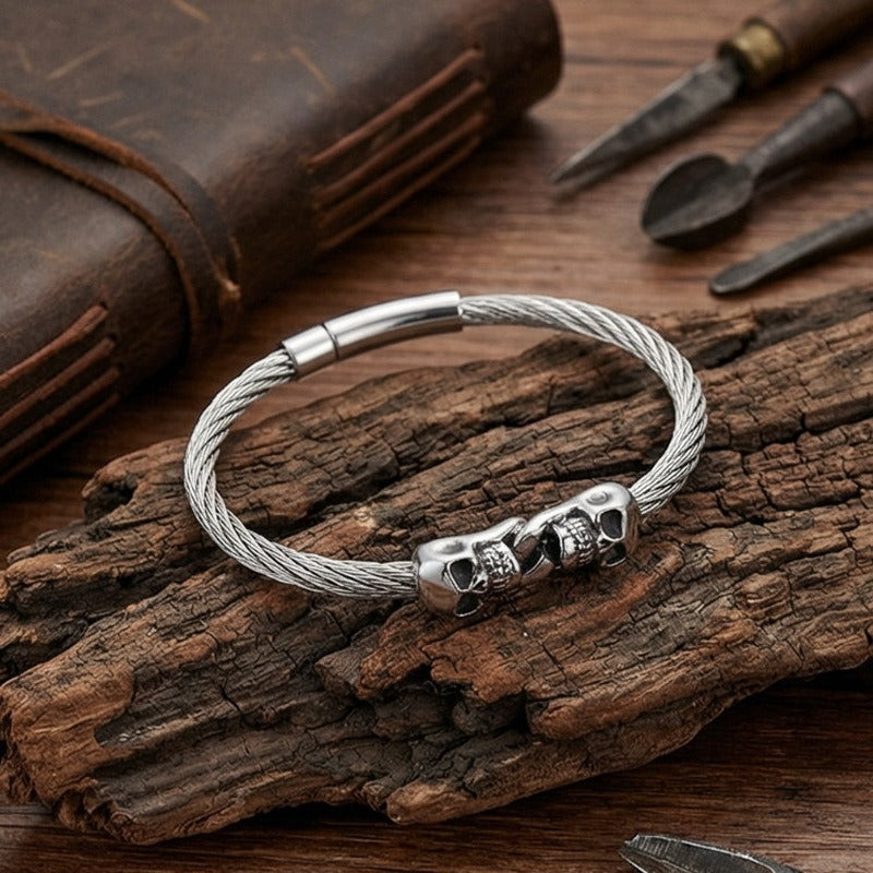 Kemstone Titanium Steel Double Skull Cable Bracelet for Men KB86274-BD