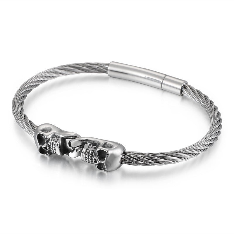 Kemstone Titanium Steel Double Skull Cable Bracelet for Men KB86274-BD
