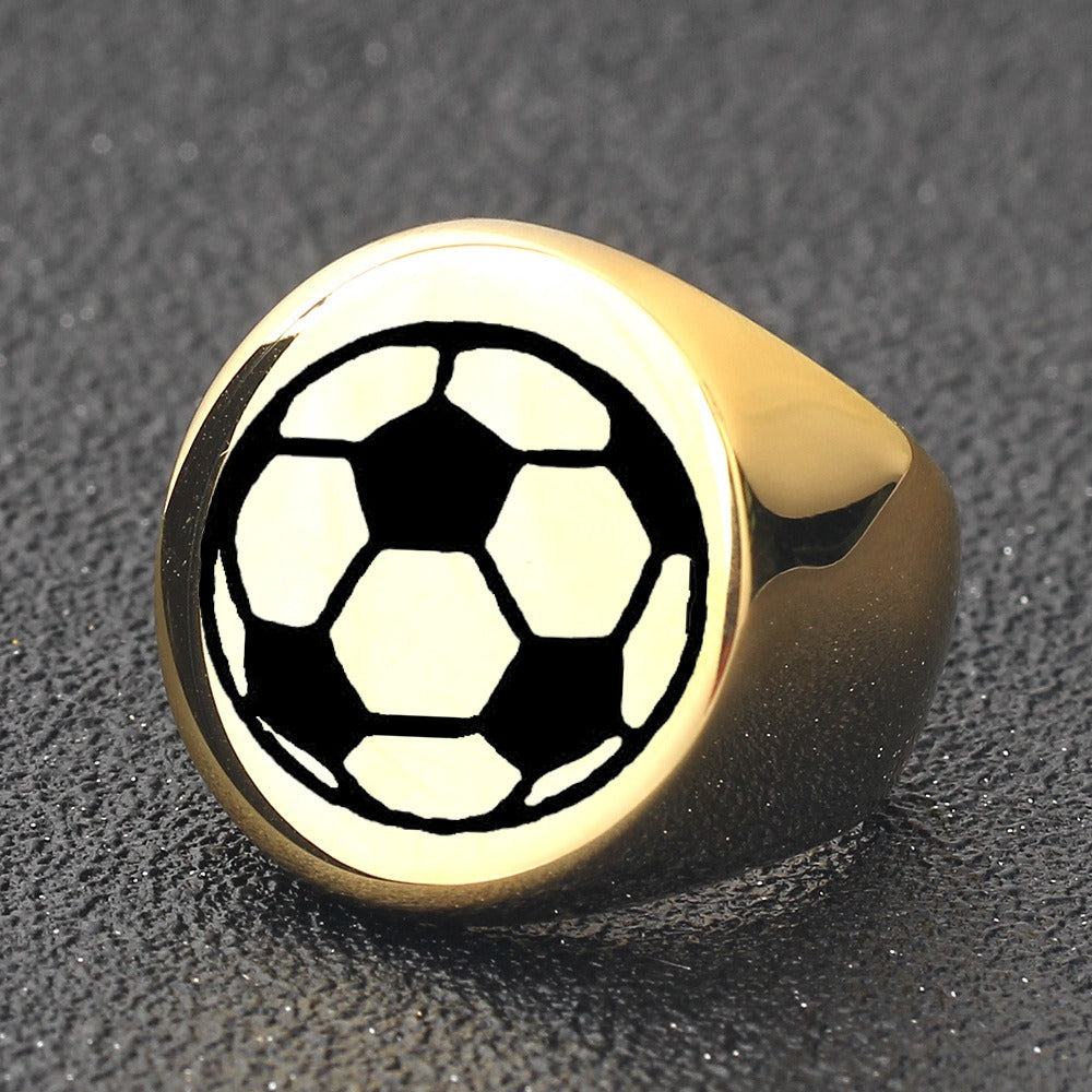 Kemstone Soccer Ball Signet Ring for Men Stainless Steel Silver Gold CG1870