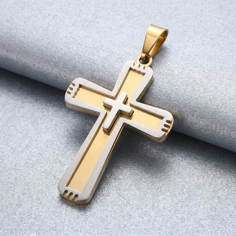 Kemston Double Layer Cross Pendant Necklace for Men Stainless Steel Inset Cross Design KP119384-KL