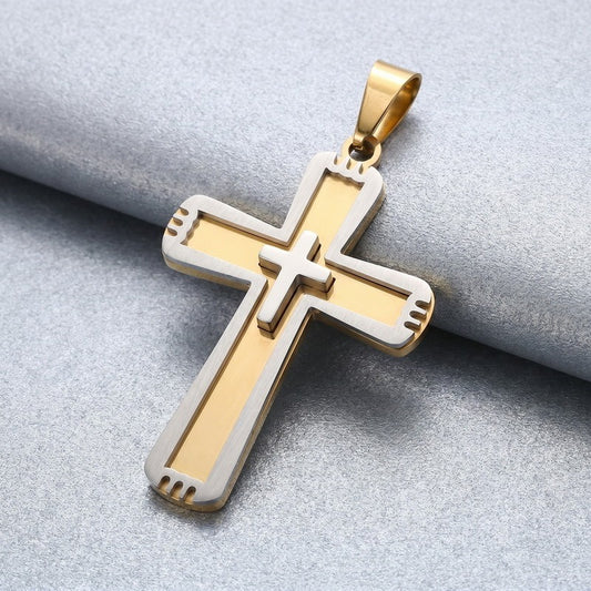 Kemston Double Layer Cross Pendant Necklace for Men Stainless Steel Inset Cross Design KP119384-KL
