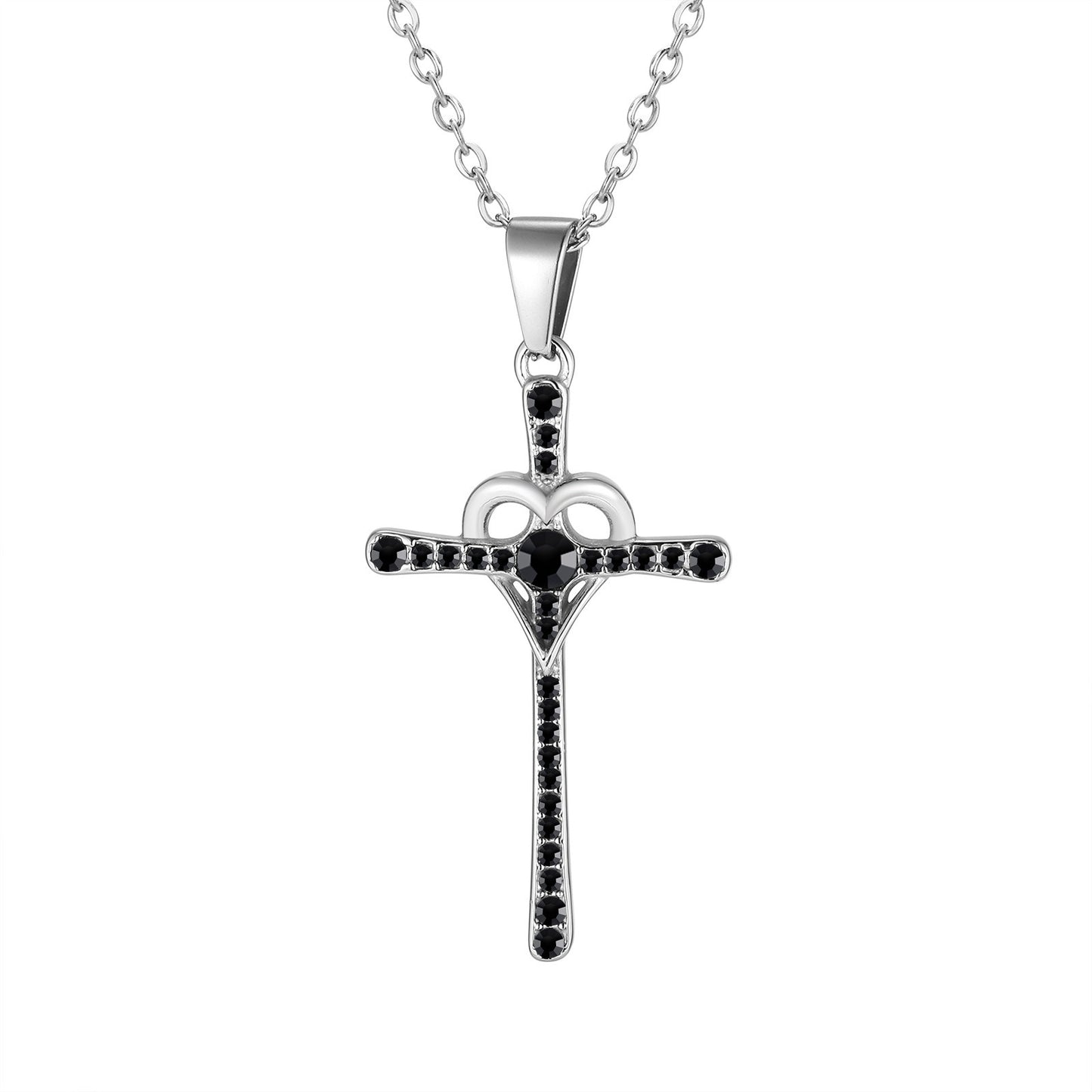 Kemstone Cross Pendant Necklace for Men Stainless Steel Black Cubic Zirconia Heart Curve Chain PN-2268S