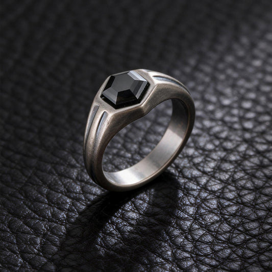 Kemstone Stainless Steel Hexagon Cubic Zirconia Signet Ring for Men Vintage Silver RC-985