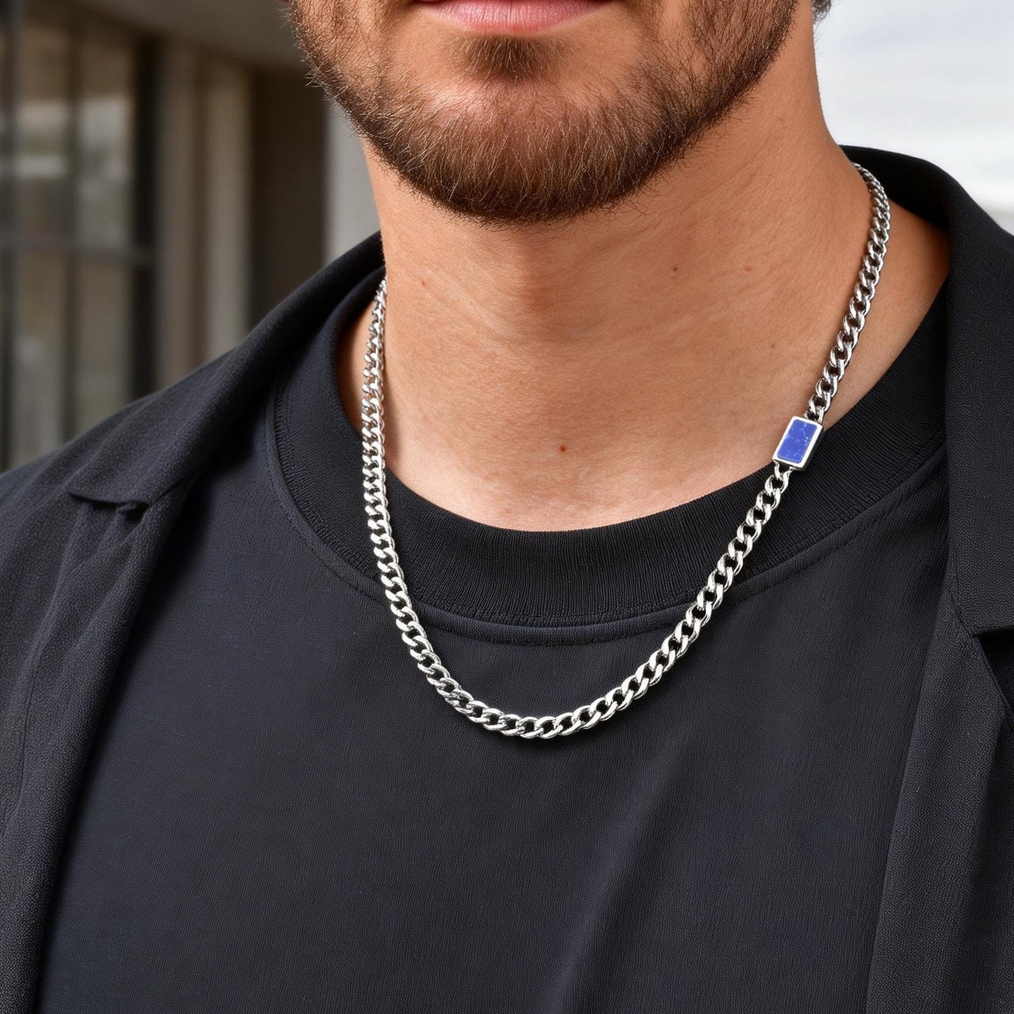 Kemstone Stainless Steel Chain Necklace for Men – Square Tiger Eye Detail Minimal Style NC-2255