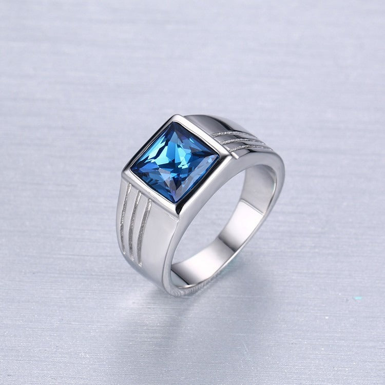 Kemstone Stainless Steel Blue Cubic Zirconia Ring for Men Silver RC-269