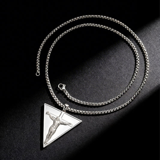Kemstone Triangle Cross Pendant Necklace Stainless Steel Punk Style for Men Silver PN-2349S