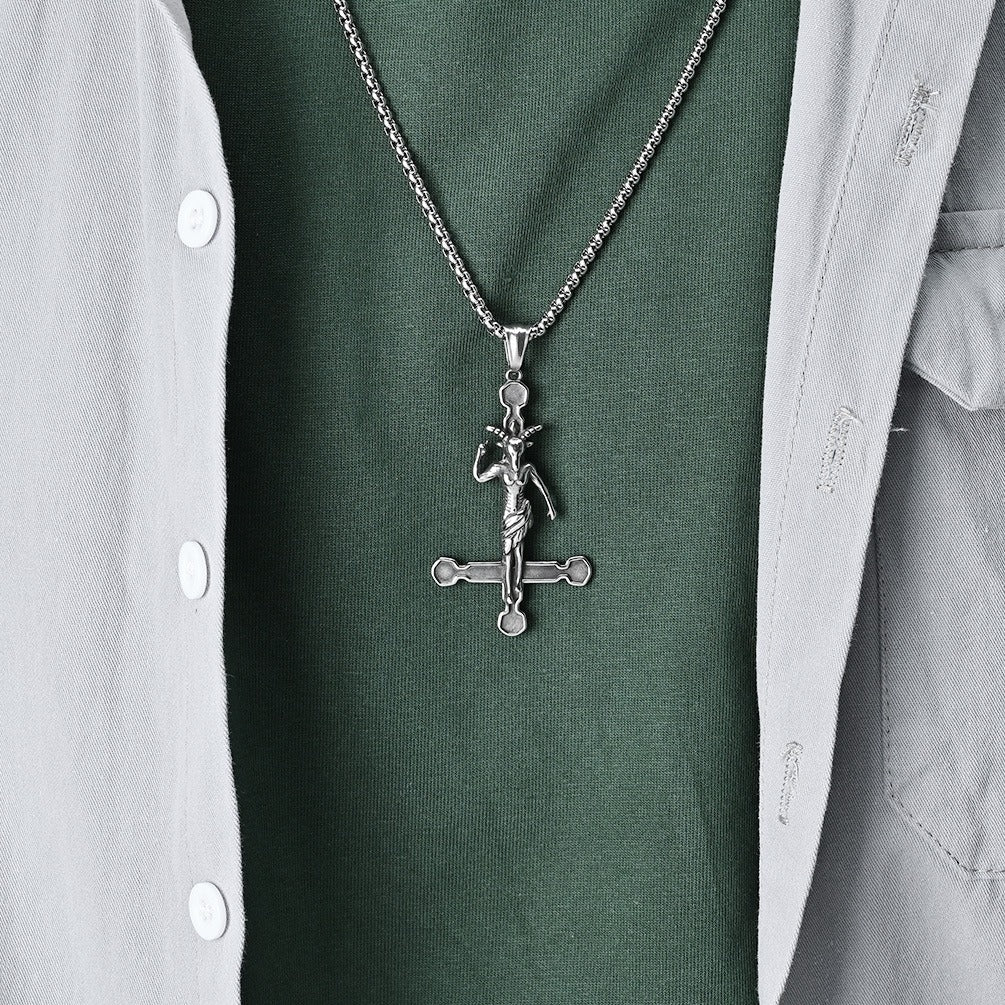 Kemstone Cross Pendant Necklace Stainless Steel Gothic Figure Design for Men Silver K-PT520