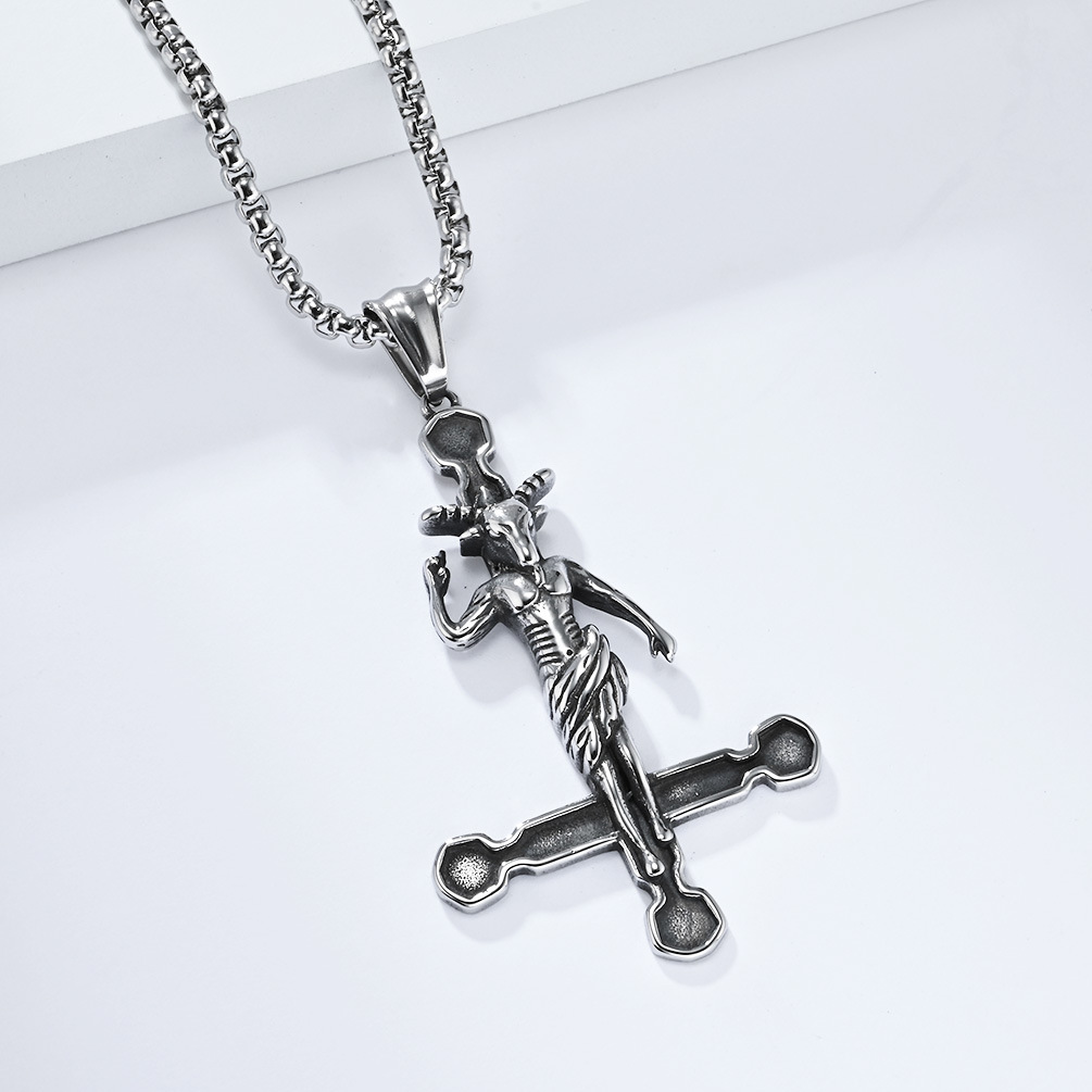Kemstone Cross Pendant Necklace Stainless Steel Gothic Figure Design for Men Silver K-PT520
