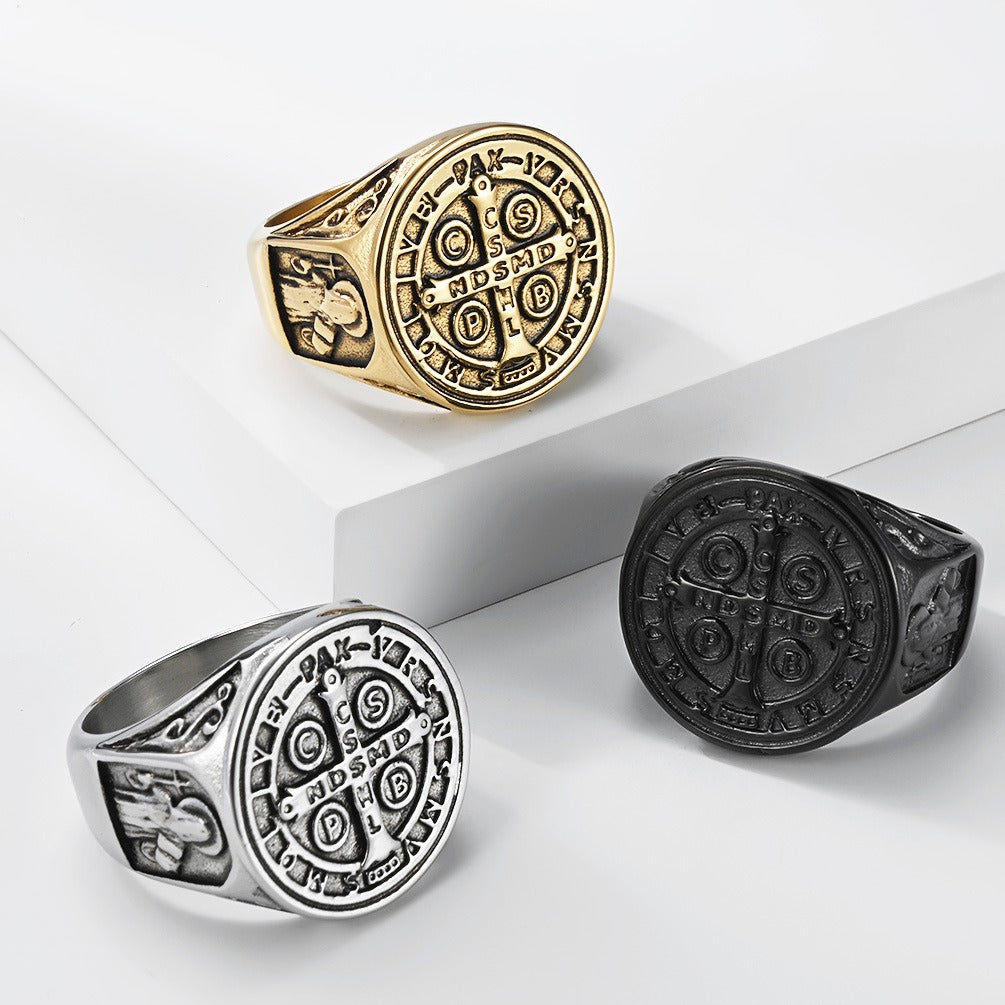 Kemstone Stainless Steel Cross Medallion Ring for Men Vintage Engraved Coin Signet Seal Symbol Silver Gold Black K-R1143