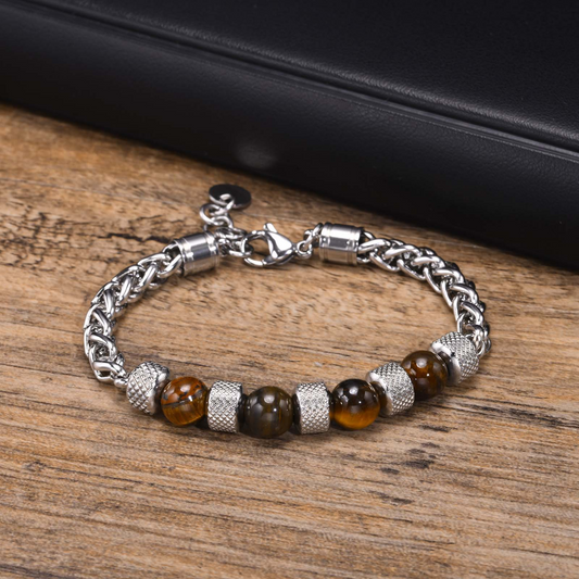 Kemstone Tiger Eye Beaded Chain Bracelet for Men Stainless Steel Natural Stone Adjustable BR-1717
