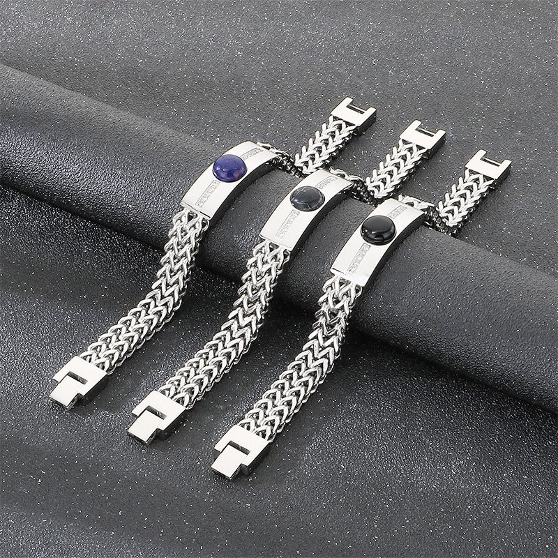 Kemstone Titanium Steel ID Bar Bracelet for Men Stone Inlay Braided Chain KB212795-KFC