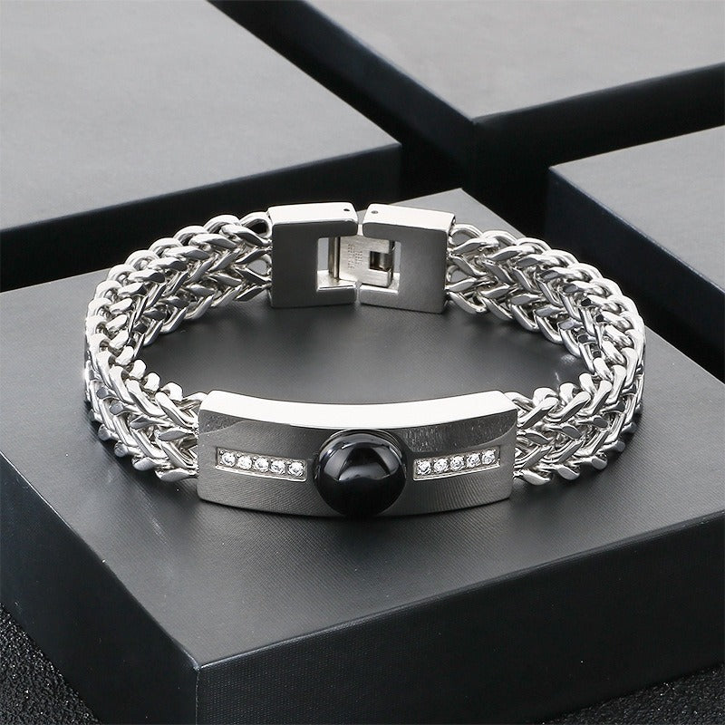 Kemstone Titanium Steel ID Bar Bracelet for Men Stone Inlay Braided Chain KB212795-KFC