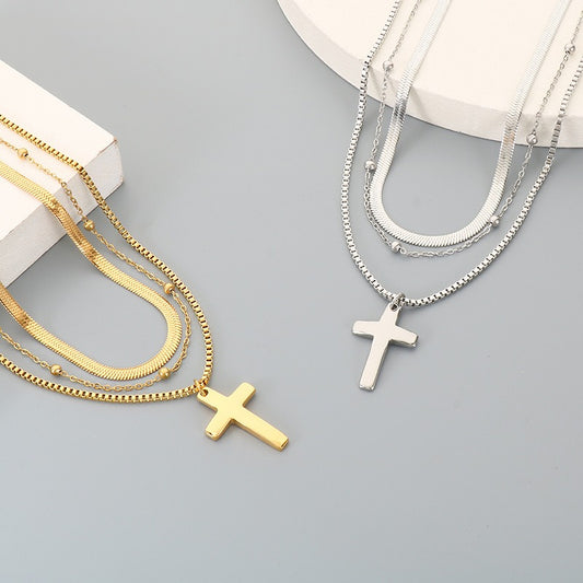 Kemstone Titanium Steel Cross Pendant Multi Chain Necklace Snake Chain Box Chain for Men & Women Gold Silver KN292221-Z