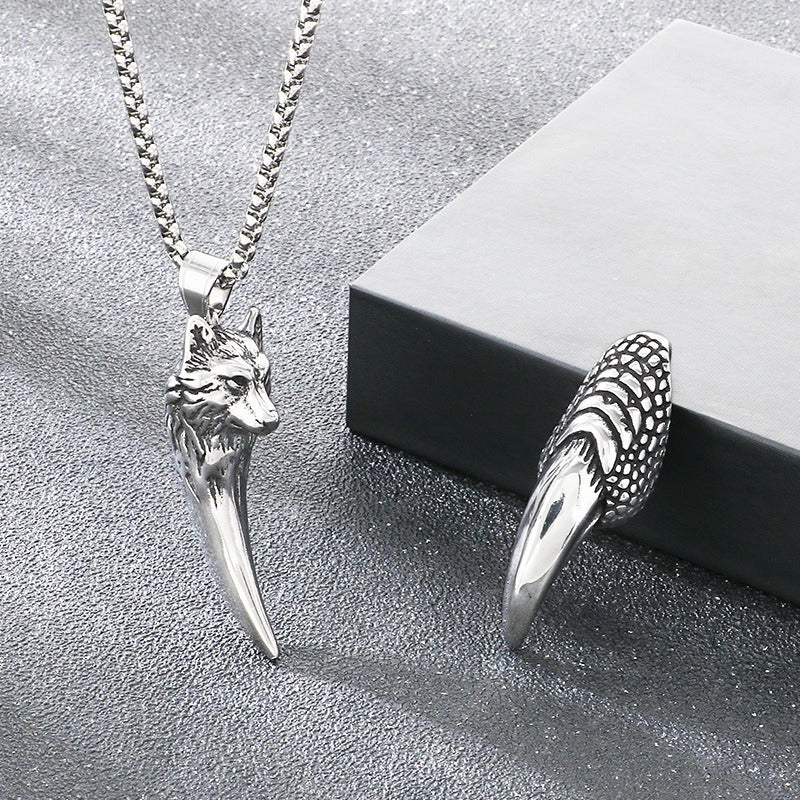 Kemstone Wolf Tooth Pendant Necklace Titanium Steel Eagle Claw Design for Men Silver 60cm KP117057-LU