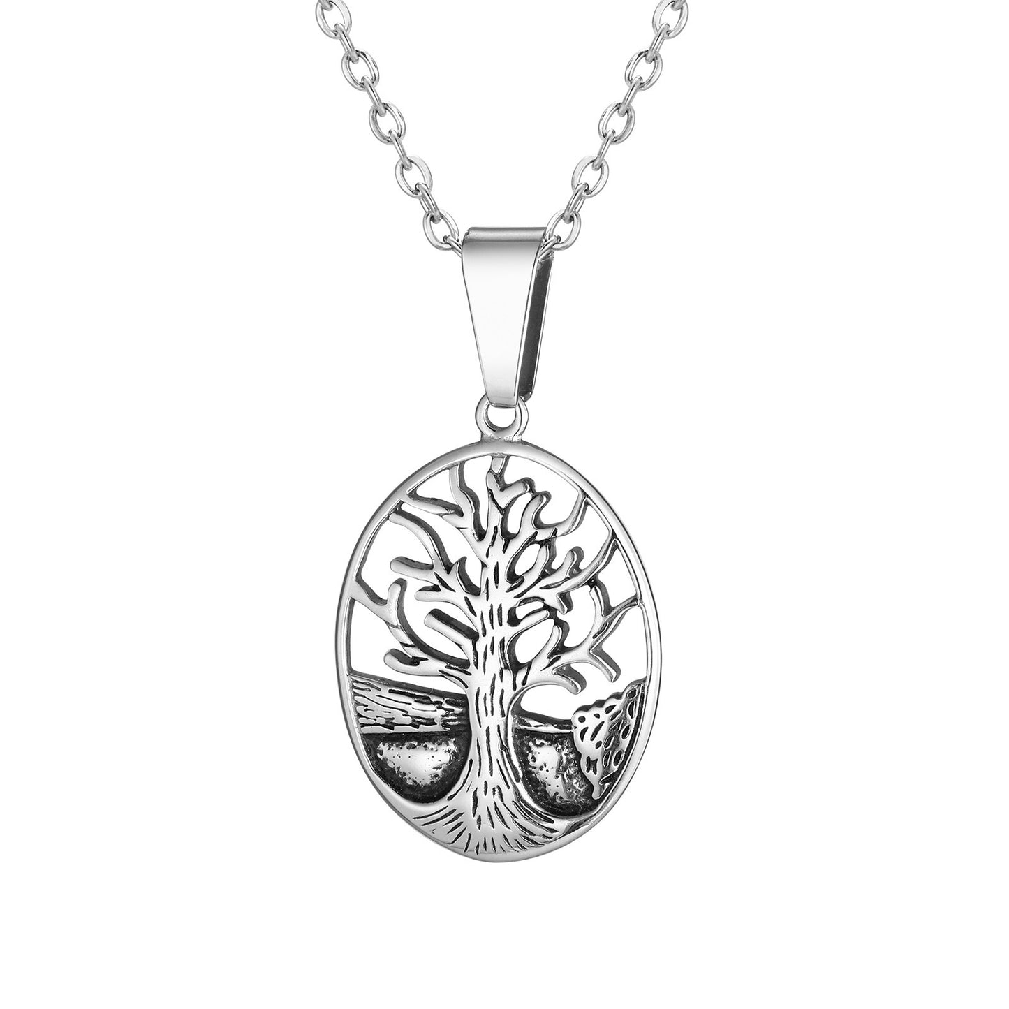 Kemstone Tree Pendant Necklace for Men Stainless Steel Openwork Oval Chain PN-2314
