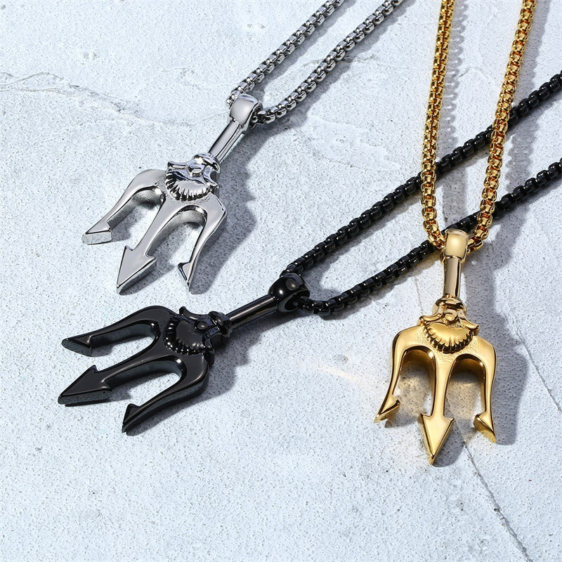 Kemstone Trident Pendant Necklace for Men Stainless Steel Vertical Symbol Gold Silver Black PN-1176