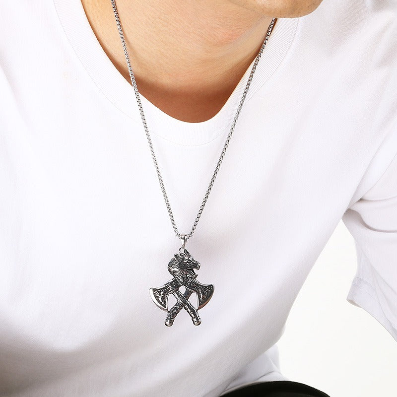 Kemstone Viking Axe Pendant Necklace Titanium Steel Wolf Head Celtic Knot Style for Men Silver KP117026-LU