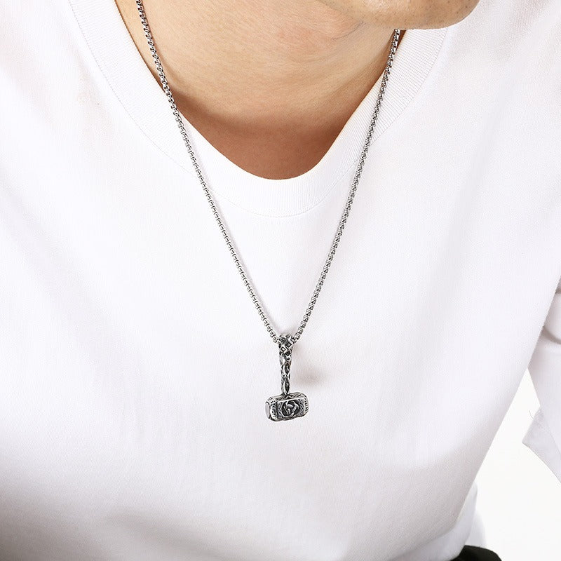 Kemstone Viking Axe Pendant Necklace Titanium Steel Wolf Head Celtic Knot Style for Men Silver KP117026-LU