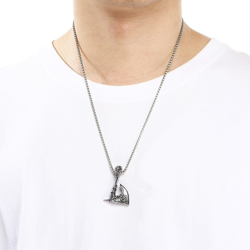 Kemstone Viking Axe Pendant Necklace Titanium Steel Wolf Head Celtic Knot Style for Men Silver KP117026-LU