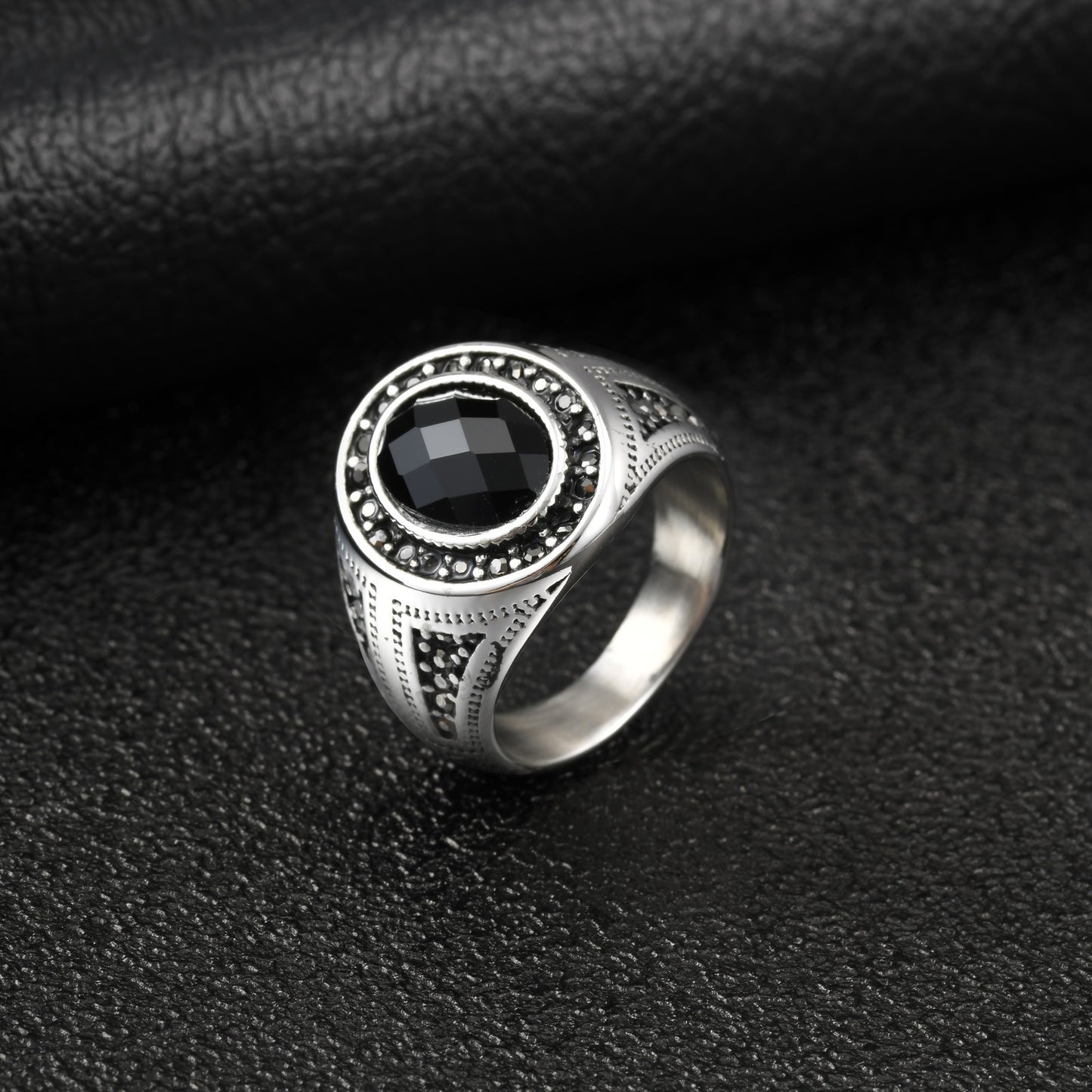 Kemstone Stainless Steel Black Oval Signet Ring Vintage Glass Detail for Men RC-842