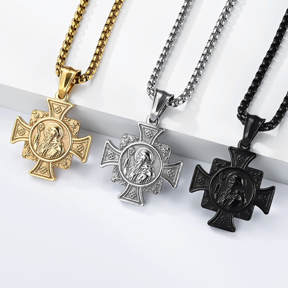 Kemstone Titanium Steel Cross Pendant Necklace for Men Vintage Engraved Medallion Silver Gold Black K-PT710