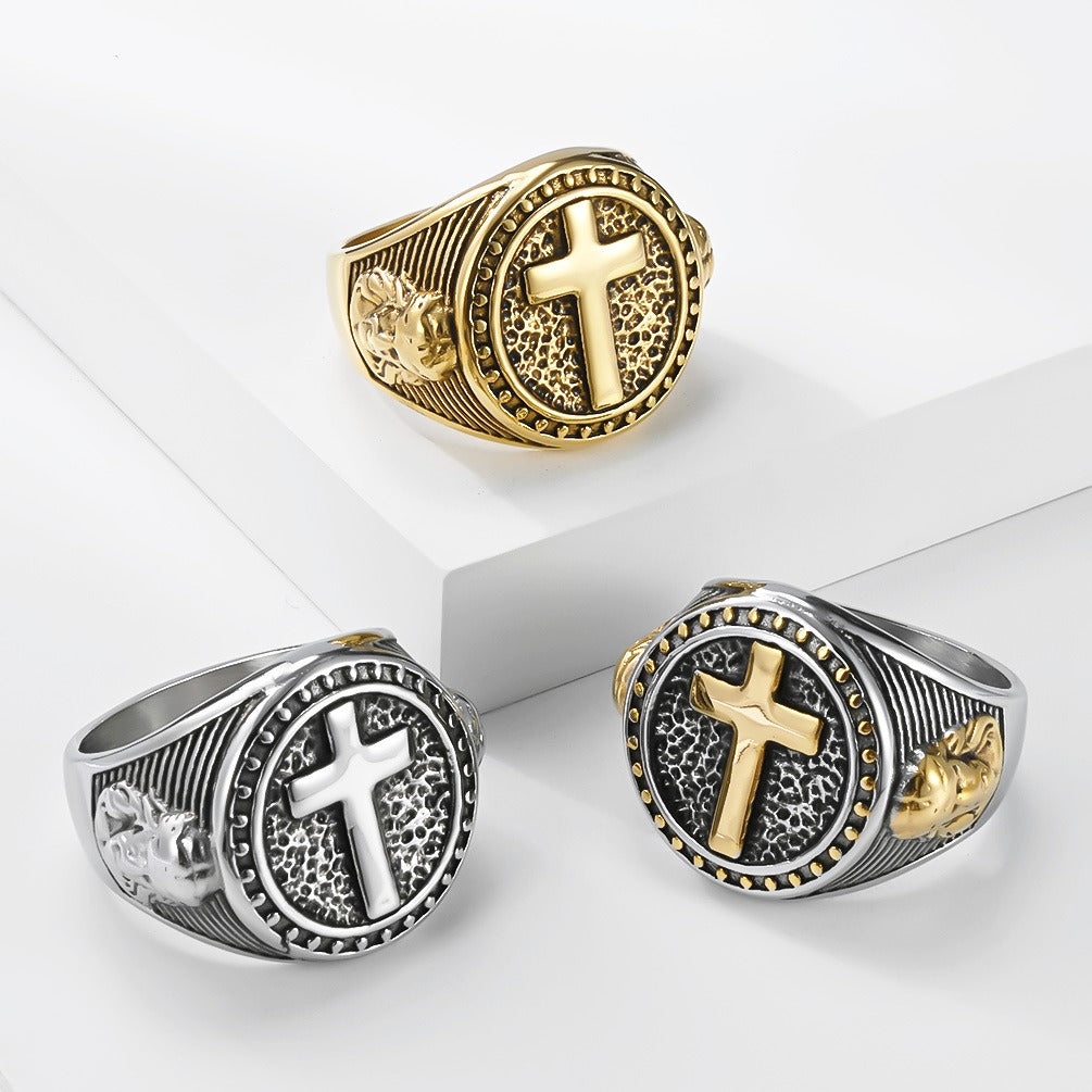 Kemstone Titanium Steel Cross Medallion Ring for Men Two Tone Round Signet Vintage Style Silver Gold Black K-R1140