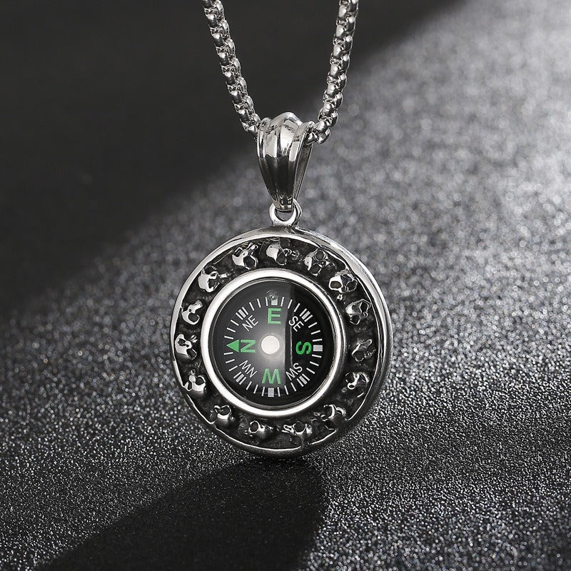 Kemstone Titanium Steel Compass Skull Pendant Necklace for Men Vintage Round Design KP55736-BD