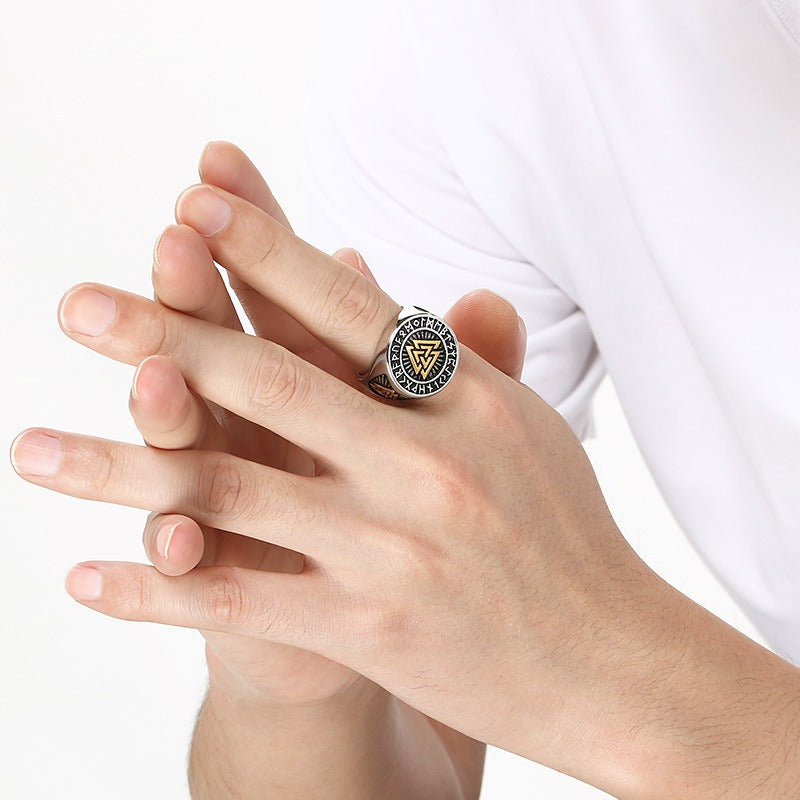 Kemstone Viking Rune Signet Ring for Men Titanium Steel Compass Celtic Knot Wide Band Silver Gold KR114478-MZOZ