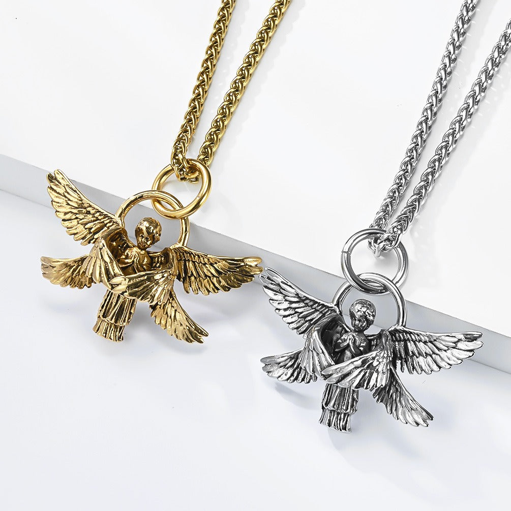 Kemstone Winged Figure Necklace for Men Stainless Steel Detailed Wing Chain Silver Gold K-PT709