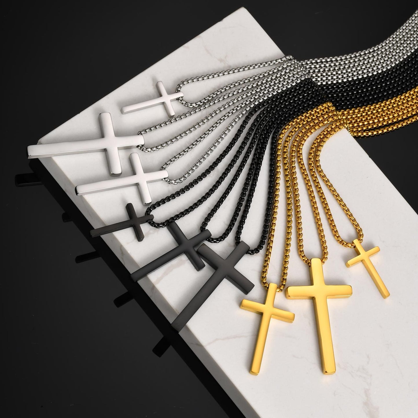 Kemstone Cross Pendant Necklace Stainless Steel Minimal Bar Cross Long Chain for Men Women Silver Gold Black NC-2103