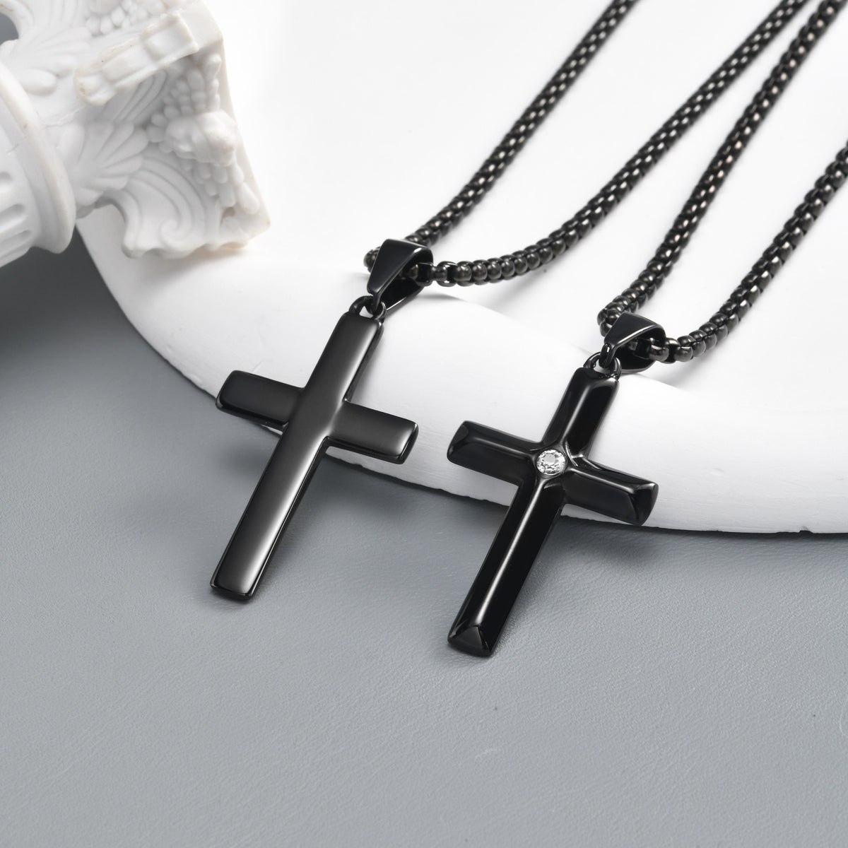 Kemstone Black Cross Pendant Necklace for Men Stainless Steel Cubic Zirconia Center PN-2440