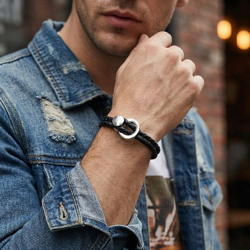 Kemstone Double Wrap Leather Bracelet for Men Titanium Steel Circle Clasp KB213788-GC