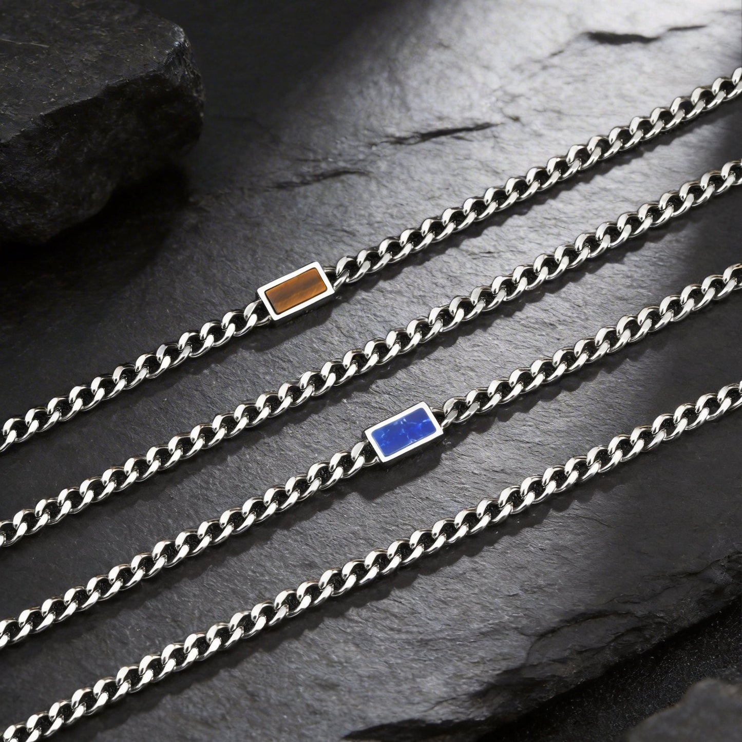 Kemstone Stainless Steel Chain Necklace for Men – Square Tiger Eye Detail Minimal Style NC-2255