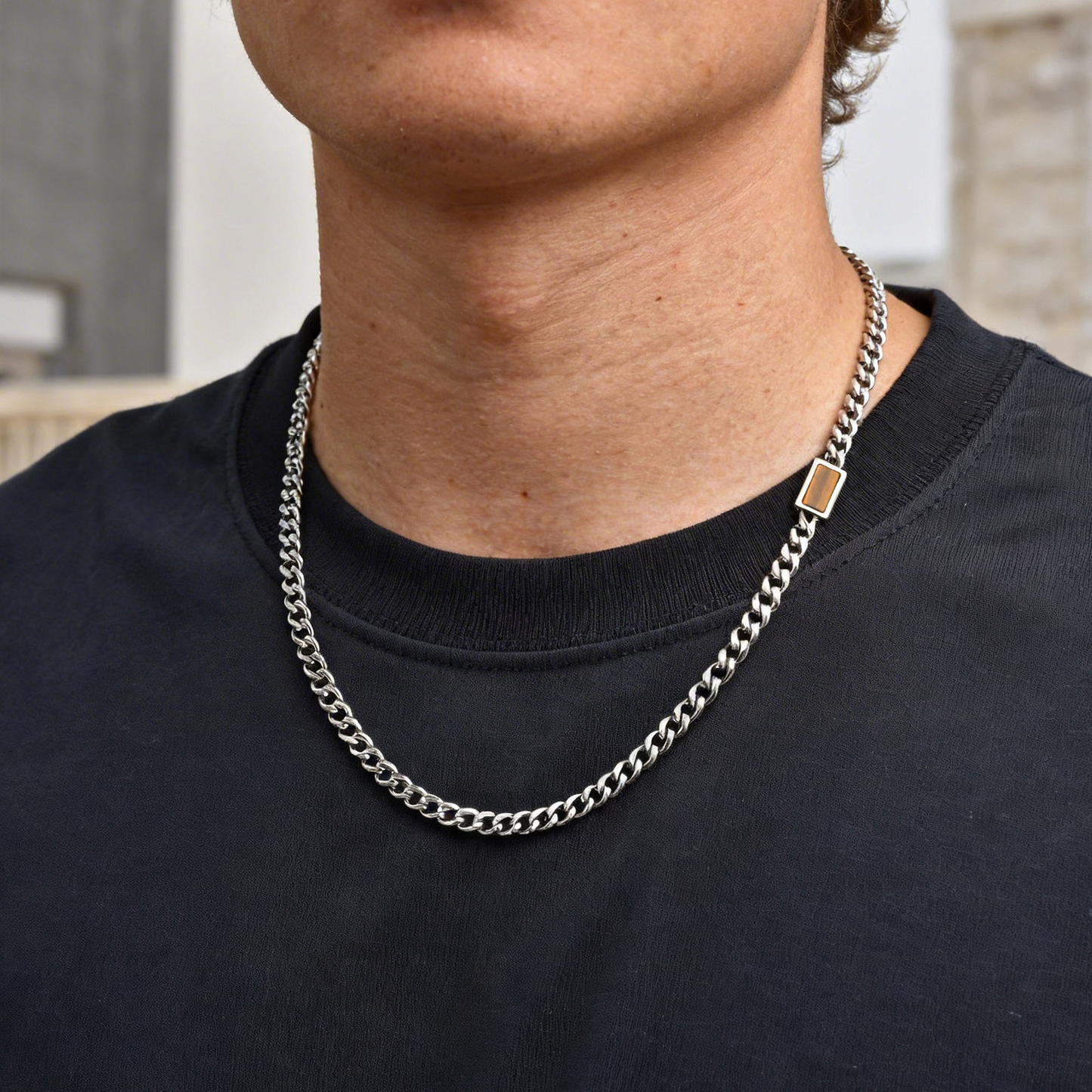 Kemstone Stainless Steel Chain Necklace for Men – Square Tiger Eye Detail Minimal Style NC-2255