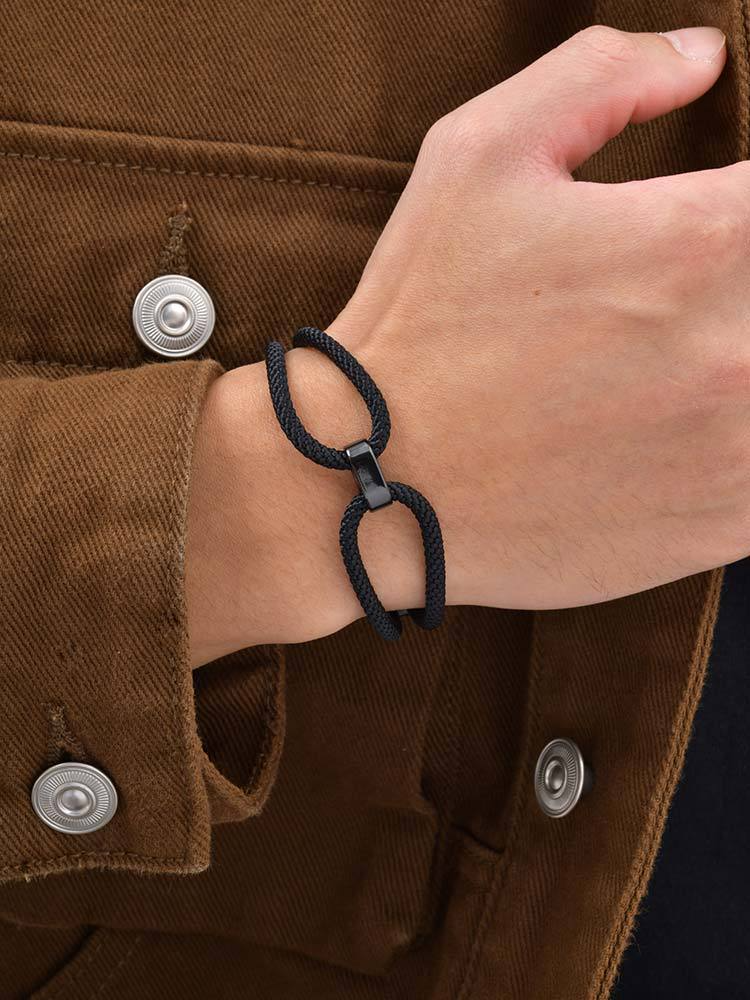 Kemstone Adjustable Black Cord Bracelet Stainless Steel for Men & Women BR-2618